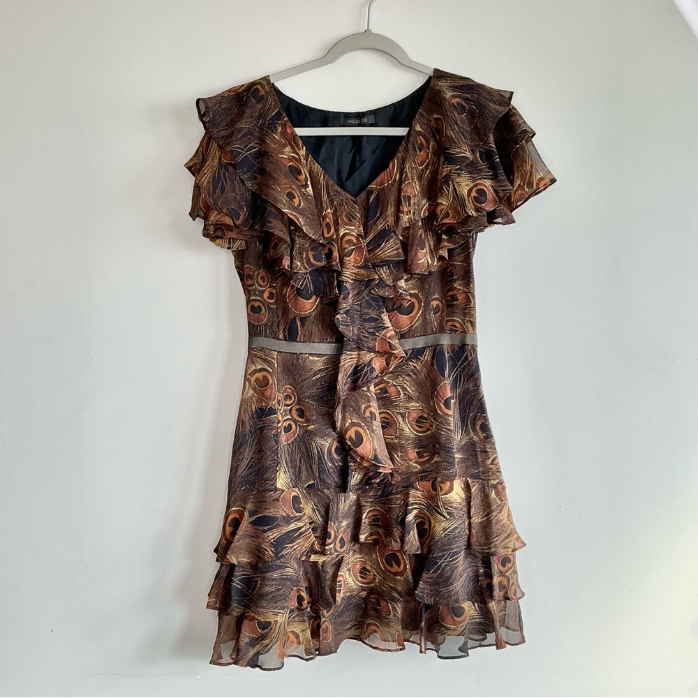 Rachel Zoe Brown Peacock Print Ruffled Mini Dress Ligthweigth Y2K Sz 8